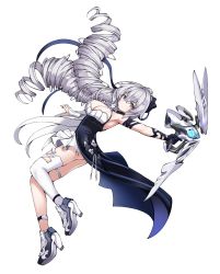 Rule 34 | 1girl, absurdres, armpits, bare shoulders, black gloves, breasts, bronya zaychik, bronya zaychik (silverwing: n-ex), closed mouth, commentary request, dress, drill hair, expressionless, full body, gloves, grey eyes, grey hair, hair between eyes, high heels, highres, holding, holding weapon, honkai (series), honkai impact 3rd, large breasts, long hair, looking at viewer, shoes, simple background, single thighhigh, sleeveless, sleeveless dress, solo, thigh strap, thighhighs, tor ai, weapon, white background