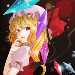 Rule 34 | 1girl, asymmetrical hair, bad id, bad pixiv id, black background, blonde hair, crystal, dated, fang, flandre scarlet, gotou (nekocat), hat, hat ribbon, looking at viewer, mob cap, open mouth, puffy sleeves, red eyes, ribbon, shirt, short sleeves, side ponytail, smile, solo, touhou, twitter username, upper body, vest, wings