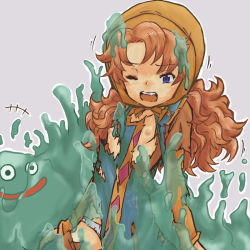 Rule 34 | 1girl, blue eyes, brown hair, covered erect nipples, dissolving clothes, dragon quest, dragon quest vii, flat chest, maribel (dq7), monster, nipples, no bra, panties, slime, underwear