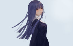 Rule 34 | 1girl, absurdres, asagami (hnt16303310), asagami fujino, black dress, breasts, dress, fate/grand order, fate (series), highres, kara no kyoukai, blue background, long hair, looking at viewer, looking back, open mouth, purple eyes, purple hair, reien girl&#039;s academy school uniform, school uniform, simple background, solo, upper body