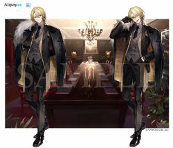 Rule 34 | &gt;:), 1boy, ;d, adjusting eyewear, arm behind back, armchair, beckoning, black coat, black footwear, black gloves, black jacket, black necktie, black pants, black suit, blonde hair, border, braid, buttons, candelabra, candle, candlestand, chair, chandelier, chashibu, coat, coat on shoulders, collared shirt, copyright notice, cuff links, curtained hair, double-breasted, fireplace, formal, french braid, fringe trim, full body, fur-trimmed coat, fur trim, gloves, grey shirt, grey vest, hair between eyes, hand in pocket, hand on eyewear, indoors, jacket, lapel pin, lapels, long sleeves, long table, looking at viewer, luca kaneshiro, male focus, medium hair, necktie, nijisanji, nijisanji en, notched lapels, official art, one eye closed, open clothes, open jacket, open mouth, outside border, painting (object), pants, paper, pinstripe jacket, pinstripe pants, pinstripe pattern, pinstripe suit, plant, potted plant, purple eyes, round eyewear, sample watermark, scarf, shirt, shoes, smile, standing, statue, stole, striped suit, suit, suit jacket, table, teeth, thumb ring, tinted eyewear, two-sided coat, two-sided fabric, v-shaped eyebrows, variations, vest, virtual youtuber, watch, watermark, white border, wristwatch, yellow-tinted eyewear, yellow coat, yellow scarf