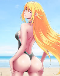 Rule 34 | 10s, 1girl, absurdres, alternate breast size, ass, ass grab, backless outfit, bare back, beach, blonde hair, breasts, covered erect nipples, day, grabbing own ass, highres, j adsen, kiss-shot acerola-orion heart-under-blade, kizumonogatari, large breasts, long hair, monogatari (series), one-piece swimsuit, oshino shinobu, outdoors, pointy ears, shoulder blades, slit pupils, smile, solo, swimsuit, water, white one-piece swimsuit, yellow eyes