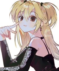 Rule 34 | 1girl, amane misa, bare shoulders, blonde hair, blush, breasts, brown eyes, choker, death note, detached sleeves, earrings, g0m 0, gothic lolita, hair between eyes, highres, jewelry, lace, lolita fashion, medium breasts, medium hair, parted lips, short twintails, smile, solo, spaghetti strap, twintails, upper body, v, white background