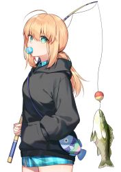 Rule 34 | 1girl, ahoge, alternate costume, animal crossing, aqua eyes, artoria pendragon (all), artoria pendragon (fate), bag, black hoodie, blonde hair, blue dress, blowing bubbles, chewing gum, cowboy shot, crossover, dress, fate/stay night, fate (series), fish, fishing rod, from side, hand in pocket, highres, hood, hood down, hoodie, kamiowl, long hair, long sleeves, looking at viewer, looking to the side, low ponytail, nintendo, plaid, plaid dress, saber (fate), sea bass (animal crossing), shoulder bag, sidelocks, solo