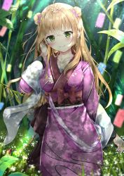 Rule 34 | 1girl, ahoge, aizawa (aizawatsu), alternate costume, bamboo, bamboo forest, blurry, blurry background, blush, bow, breasts, brown hair, closed mouth, collarbone, commentary request, dot nose, double bun, forest, girls&#039; frontline, green eyes, hair bow, hair bun, hand in own hair, hand up, highres, japanese clothes, kimono, light particles, long hair, long sleeves, looking at viewer, medium breasts, nature, obi, purple bow, purple kimono, rfb (girls&#039; frontline), sash, smile, solo, tanabata