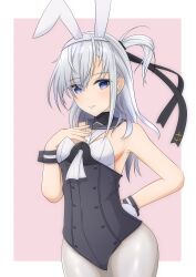 Rule 34 | 1girl, adapted costume, animal ears, bell shireikan, black headband, black leotard, blue eyes, blush, bow, bowtie, breasts, clothes writing, covered navel, detached collar, fake animal ears, fake tail, grey eyes, grey hair, hachimaki, hair between eyes, hand on own chest, headband, highres, kantai collection, leotard, long hair, looking at viewer, one side up, pantyhose, pink background, playboy bunny, rabbit ears, rabbit tail, small breasts, smile, solo, strapless, strapless leotard, suzutsuki (kancolle), tail, traditional bowtie, two-tone background, white background, white headband, white pantyhose, wrist cuffs