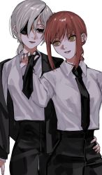 Rule 34 | 2girls, black eyes, black necktie, black pants, black suit, braid, braided ponytail, breasts, brown hair, business suit, chainsaw man, collared shirt, couple, eyelashes, eyepatch, fingernails, formal, hair between eyes, hand on another&#039;s hip, height difference, highres, holding neckwear, long hair, long sleeves, looking at another, makima (chainsaw man), medium breasts, multiple girls, necktie, neckwear grab, office lady, pants, pulling, quanxi (chainsaw man), removing jacket, ringed eyes, shirt, shirt tucked in, silver hair, suit, ulov390, white shirt, wife and wife, yellow eyes, yuri