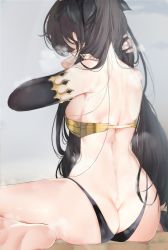 Rule 34 | 1girl, ass, back, bikini, black hair, breasts, butt crack, elbow gloves, fate/grand order, fate (series), from behind, gloves, highres, holding, holding own hair, ishtar (fate), jjkl9195, long hair, nape, sideboob, sitting, solo, sweat, swimsuit, wariza