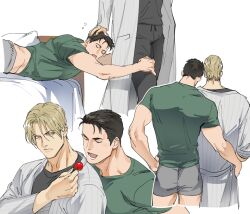 Rule 34 | 2boys, albert wesker, back, bara, bed, black hair, black pants, black shirt, blonde hair, chris redfield, closed eyes, couple, feeding, food, green shirt, grey male underwear, grey pants, holding, holding food, looking at another, lying, male focus, male underwear, multiple boys, multiple views, muscular, muscular male, on bed, on stomach, open clothes, open mouth, pants, pillow, resident evil, resident evil 1, shirt, short hair, sleeping, tatsumi (psmhbpiuczn), underwear, yaoi