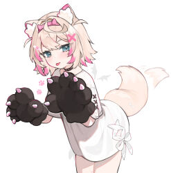 Rule 34 | 1girl, :p, absurdres, animal ear fluff, animal ears, animal hands, black gloves, blonde hair, blue eyes, choker, dog ears, dog girl, dog tail, gloves, hairband, highres, hololive, hololive english, hoshi usagi, mococo abyssgard, no pants, paw gloves, shirt, short hair, short sleeves, solo, tail, tail wagging, thighs, tongue, tongue out, virtual youtuber, white shirt