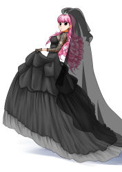 Rule 34 | 1girl, black dress, dress, drill hair, earrings, gloves, highres, jewelry, long hair, looking at viewer, one piece, perona, pink hair, show-nosuke, solo, very long hair, wedding dress