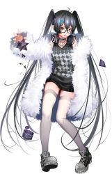 Rule 34 | &gt;:d, 1girl, :d, ahoge, bare shoulders, black-framed eyewear, black footwear, black hair, black ribbon, buckle, chest tattoo, clavicle tattoo, coat, collar, collarbone, cube, full body, fur coat, glasses, gradient hair, hair between eyes, hair ribbon, headphones, headphones around neck, legs apart, long hair, long sleeves, looking at viewer, multicolored hair, no pants, off shoulder, open mouth, original, palms, ribbon, semi-rimless eyewear, shoes, silver hair, simple background, sleeveless, small stellated dodecahedron, smile, solo, standing, star-shaped pupils, star (symbol), symbol-shaped pupils, tank top, tattoo, thighhighs, twintails, under-rim eyewear, v-shaped eyebrows, very long hair, white background, white coat, white thighhighs, winter clothes, winter coat, xiaoshou xiansheng, yellow eyes