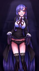 Rule 34 | 10s, 1girl, bb (fate), bb (fate/extra), black panties, black thighhighs, clothes lift, fate/extra, fate/extra ccc, fate (series), hair ribbon, lace, lace-trimmed legwear, lace trim, long hair, monorus, panties, purple eyes, purple hair, ribbon, skirt, skirt lift, solo, thighhighs, underwear, upskirt, very long hair