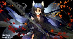 Rule 34 | 1girl, animal ears, arknights, artist name, beads, black background, black hair, black kimono, closed mouth, cowboy shot, crossed arms, dated, diao bu landuo, dog ears, facial mark, fang, fighting stance, fingerless gloves, floating hair, forehead mark, gloves, highres, holding, holding weapon, infection monitor (arknights), japanese clothes, kimono, leaf, long hair, looking at viewer, maple leaf, naginata, parted bangs, polearm, prayer beads, red eyes, saga (arknights), simple background, solo, standing, tsurime, v-shaped eyebrows, very long hair, weapon, wide sleeves, zipper