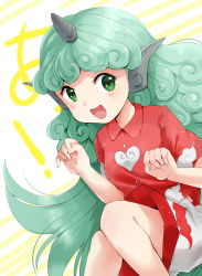 Rule 34 | 1girl, :d, a (phrase), blush, curly hair, feet out of frame, green eyes, green hair, hands up, highres, horns, kanonari, kariyushi shirt, knees together feet apart, komano aunn, legs together, long hair, looking at viewer, open mouth, paw pose, red shirt, shirt, short sleeves, shorts, simple background, single horn, sitting, smile, solo, striped, striped background, touhou, very long hair, white background, wing collar