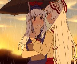 Rule 34 | 2girls, backlighting, beige shirt, blue dress, blue hair, blue headwear, blunt bangs, blush, bow, brown umbrella, closed mouth, cloud, cloudy sky, collared dress, commentary, couple, dress, english commentary, evening, eye contact, film grain, from behind, from side, fujiwara no mokou, gradient sky, grin, hair bow, hair ribbon, hand up, happy, hat, hime cut, holding, holding notebook, holding umbrella, kamishirasawa keine, light blue hair, long hair, long sleeves, looking at another, multiple girls, neckerchief, nekolina, notebook, outdoors, profile, puffy long sleeves, puffy short sleeves, puffy sleeves, rain, red eyes, red neckerchief, ribbon, shared umbrella, shirt tucked in, short sleeves, sky, smile, standing, tareme, tokin hat, touhou, tress ribbon, two-tone bow, umbrella, upper body, very long hair, white hair, yellow sky, yuri