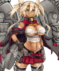 Rule 34 | 10s, 1girl, black thighhighs, blonde hair, breasts, budget sarashi, dark-skinned female, dark skin, fingerless gloves, glasses, gloves, hai ookami, highres, kantai collection, large breasts, light smile, long hair, musashi (kancolle), navel, pointy hair, red eyes, sarashi, simple background, skirt, solo, thighhighs, twintails, white background