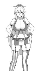 Rule 34 | 1girl, ahoge, asymmetrical legwear, belt, breasts, cleavage, closed mouth, collarbone, elbow gloves, garter straps, gloves, greyscale, hands on own hips, hat, highres, iowa (kancolle), kantai collection, large breasts, long hair, looking at viewer, midriff, mismatched legwear, monochrome, navel, sidelocks, smile, solo, standing, striped clothes, striped thighhighs, takaman (gaffe), thighhighs, upper body, vertical-striped clothes, vertical-striped thighhighs