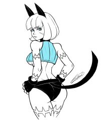 Rule 34 | 1girl, ass, belt pouch, blue eyes, breasts, cat girl, collar, crop top, dimples of venus, fingerless gloves, from behind, gloves, hands on own hips, highres, looking at viewer, looking back, ms. fortune (skullgirls), neck bell, pouch, scar, semlgrim, skullgirls, solo, spot color, underboob, white background