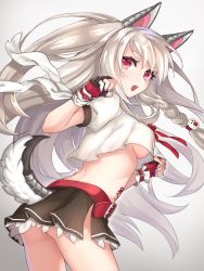 Rule 34 | 1girl, animal ears, ass, azur lane, braid, breasts, claw pose, commentary request, fake animal ears, fangs, fingerless gloves, fingernails, frilled skirt, frills, gloves, highres, kon (k0n16), long hair, looking at viewer, midriff, multicolored nails, nail polish, one side up, open mouth, paw hair ornament, pleated skirt, red eyes, school uniform, serafuku, silver hair, single braid, skirt, solo, tail, tattoo, underboob, wolf tail, yuudachi (azur lane)