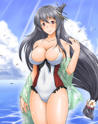 Rule 34 | 1girl, beach, bird, black hair, blue sky, breasts, casual one-piece swimsuit, cleavage, cloud, cocoa (cocoa0191), collarbone, day, fusou (kancolle), kantai collection, large breasts, long hair, looking at viewer, ocean, one-piece swimsuit, outdoors, red eyes, sarong, seagull, sky, smile, swimsuit, water