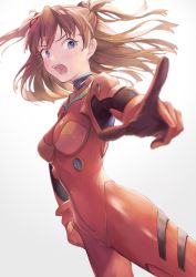 Rule 34 | 1girl, blue eyes, blurry, blurry foreground, blush, bodysuit, breasts, brown hair, fujie-yz, grey background, hand on own hip, highres, index finger raised, interface headset, long hair, looking at viewer, neon genesis evangelion, open mouth, plugsuit, red bodysuit, simple background, small breasts, solo, souryuu asuka langley, two side up