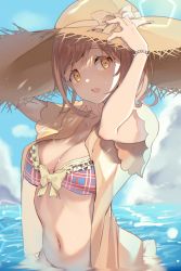 Rule 34 | 1girl, arms up, bikini, bikini under clothes, blue sky, bow, bracelet, breasts, brown hair, cleavage, cloud, commentary request, day, frilled bikini, frills, hand on headwear, hat, hat bow, highres, hiiragi ken, idolmaster, idolmaster shiny colors, jewelry, looking at viewer, medium breasts, medium hair, navel, open clothes, open mouth, open shirt, outdoors, partially submerged, sakuragi mano, shirt, short sleeves, sky, solo, stomach, straw hat, swimsuit, tareme, wide sleeves, yellow bow, yellow eyes, yellow shirt