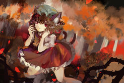 Rule 34 | animal ears, bow, bowtie, brown hair, cat ears, cat tail, chen, earrings, fingernails, green hat, hat, jewelry, kita (kitairoha), mob cap, multiple tails, nekomata, short hair, single earring, smile, solo, tail, touhou, two tails, yellow bow, yellow bowtie