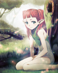 Rule 34 | 1girl, bad id, bad pixiv id, chyko7080, elf, flat chest, forest, green eyes, nature, original, pointy ears, red hair, sitting, solo, twintails