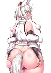 Rule 34 | 1girl, animal ear fluff, animal ears, ass, ass grab, back, blush, bottomless, breasts, bridal gauntlets, closed mouth, cowboy shot, deep skin, detached sleeves, flying sweatdrops, from behind, hair between eyes, hands on own ass, hat, highres, huge breasts, inubashiri momiji, looking at viewer, looking back, motion lines, outline, plump, pom pom (clothes), profile, red eyes, red hat, ribbon-trimmed sleeves, ribbon trim, sagging breasts, shiny clothes, shiny skin, shirt, shishi juuroku, short eyebrows, short hair, sideboob, silver hair, simple background, sleeveless, sleeveless shirt, solo, tail, thick eyebrows, thick thighs, thigh gap, thighs, tokin hat, touhou, turtleneck, white background, white shirt, white sleeves, wide sleeves, wolf ears, wolf tail