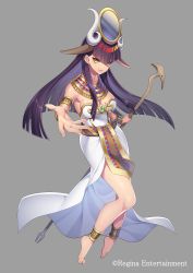 Rule 34 | 1girl, bare shoulders, barefoot, black hair, breasts, commentary request, dress, egyptian, egyptian clothes, grey background, hair ornament, highres, holding, holding staff, large breasts, long hair, official art, original, simple background, smile, solo, staff, takamiya ren, white dress, yellow eyes