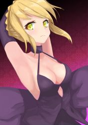 Rule 34 | 1girl, armpits, arms behind head, artist request, artoria pendragon (all), artoria pendragon (fate), bad id, bad pixiv id, blush, breasts, cleavage, dutch angle, expressionless, fate/stay night, fate (series), highres, looking at viewer, medium breasts, saber (fate), saber alter, short hair, solo, strap gap, yellow eyes