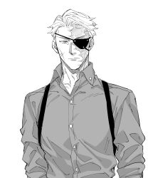 Rule 34 | 1boy, buttons, collared shirt, expressionless, eyepatch, greyscale, jujutsu kaisen, kijinkutsu, long sleeves, looking at viewer, male focus, monochrome, nanami kento, scar, scar on face, shirt, short hair, solo, suspenders, upper body