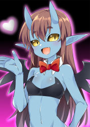 Rule 34 | 1girl, bare arms, black background, black bra, black sclera, blue skin, bow, bowtie, bra, breasts, brown hair, colored sclera, colored skin, cowboy shot, demon girl, demon wings, fang, fujinami (fjnm000), hair between eyes, hand up, heart, horns, howakko bright, ishuzoku reviewers, long hair, looking at viewer, navel, oni horns, open mouth, outline, pink background, pink outline, pointy ears, red bow, red bowtie, short eyebrows, small breasts, solo, standing, two-tone background, underwear, wings, yellow eyes