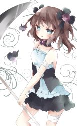 Rule 34 | 1girl, bad id, bad pixiv id, bandaged arm, bandaged leg, bandages, bare arms, bare shoulders, black bow, black skirt, blush, bow, brown hair, cameltoe, camisole, closed mouth, collarbone, flower, green eyes, hair bow, hair flower, hair ornament, highres, holding, holding scythe, original, purple flower, purple rose, rose, scythe, skirt, solo, spikes, tongue, tongue out, tsukiyo (skymint), two side up, v-shaped eyebrows, white background, white camisole