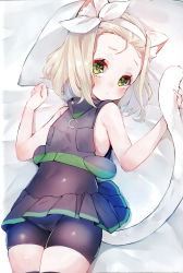 Rule 34 | 1girl, animal ears, blonde hair, blush, bodysuit, cat ears, cat tail, closed mouth, diving suit, green eyes, hairband, highres, kantai collection, long hair, looking at viewer, luigi torelli (kancolle), lying, medium hair, on back, scan, scan artifacts, sleeveless, solo, suzuho hotaru, swimsuit, tail, thighhighs, wetsuit, white hairband