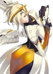Rule 34 | 1girl, armor, ass, black gloves, black pantyhose, blonde hair, blue eyes, bodysuit, boobplate, breastplate, breasts, closed mouth, cowboy shot, eyelashes, faulds, from behind, gloves, gun, hair over one eye, halo, handgun, holding, holding gun, holding weapon, ken19941028, large breasts, leaning backward, long sleeves, looking back, mechanical halo, mechanical wings, mercy (overwatch), nose, overwatch, overwatch 1, pantyhose, pelvic curtain, pink lips, pistol, ponytail, print pantyhose, ribbed bodysuit, simple background, skin tight, solo, spread wings, trigger discipline, turtleneck, weapon, white background, wing print, wings