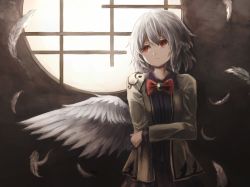 Rule 34 | 1girl, bad id, bad pixiv id, bow, brooch, expressionless, feathered wings, feathers, hair bow, highres, jacket, jewelry, kishin sagume, long sleeves, looking away, open clothes, open jacket, red eyes, short hair, single wing, solo, thkani, touhou, white hair, white wings, window, wings