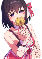 Rule 34 | 1girl, afnroll, azki (3rd costume) (hololive), azki (hololive), bare shoulders, black hair, dress, facial mark, flower, hair ribbon, highres, hololive, looking at viewer, purple eyes, ribbon, short hair, simple background, sleeveless, sleeveless dress, smile, solo, virtual youtuber, white background, wrist cuffs