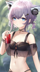 Rule 34 | 1girl, animal ear fluff, animal ears, arknights, bare shoulders, behind-the-head headphones, bikini, black bikini, black choker, blue eyes, blush, breasts, can, choker, cleavage, closed mouth, collarbone, day, drink can, extra ears, fox ears, hair ornament, hairclip, headphones, holding, holding can, looking at viewer, navel, official alternate costume, outdoors, purple hair, see-through, short hair, short twintails, small breasts, soda can, solo, stomach, sussurro (arknights), sussurro (summer flower) (arknights), swimsuit, twintails, upper body, yanagi (hgkaikai)