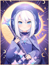 Rule 34 | 1girl, blue eyes, blue robe, blush, character request, closed mouth, commentary, crescent, english commentary, eyebrows hidden by hair, genshin impact, hair between eyes, holding, holding staff, hood, hood up, hooded robe, long sleeves, looking at viewer, nami (nyaa), robe, sidelocks, sleeves past wrists, smile, solo, staff, white hair, wide sleeves