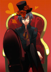 Rule 34 | 1boy, armchair, blue eyes, blue hair, chair, flower, hat, hat flower, kaito (vocaloid), crossed legs, male focus, matching hair/eyes, one eye closed, red rose, red upholstery, rose, short hair, sitting, solo, top hat, vocaloid, water lento, wink