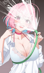 Rule 34 | 1girl, absurdres, ahoge, aqua hair, bikini, bikini under clothes, bob cut, breasts, brown background, choker, cleavage, collarbone, collared shirt, colored inner hair, commentary request, empty eyes, fang, fingernails, gradient background, hair between eyes, hair intakes, highres, holding, holding hose, hose, idolmaster, idolmaster cinderella girls, idolmaster cinderella girls starlight stage, index finger raised, kamoromance614, large breasts, light blush, long sleeves, looking at viewer, multicolored hair, nail polish, open mouth, pink background, pink bikini, pink choker, pink eyes, pink hair, shirt, smile, solo, swimsuit, two-tone hair, water, wet, white shirt, yumemi riamu