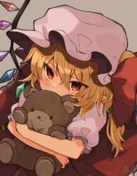 Rule 34 | 1girl, blonde hair, bow, covering own mouth, crystal, flandre scarlet, frilled skirt, frilled sleeves, frills, grey background, hair between eyes, hat, hat bow, highres, holding, holding stuffed toy, looking at viewer, medium hair, mob cap, multicolored wings, one side up, pointy ears, puffy short sleeves, puffy sleeves, red bow, red eyes, red ribbon, red skirt, ribbon, ribbon-trimmed headwear, ribbon trim, shirt, short sleeves, signature, simple background, skirt, solo, stuffed animal, stuffed toy, take no ko (4919400), teddy bear, touhou, white hat, white shirt, wings