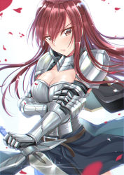 Rule 34 | 1girl, absurdres, armor, armpits, black skirt, breasts, brown eyes, brown hair, cleavage, erza scarlet, fairy tail, floating hair, gauntlets, gu li, hair between eyes, highres, holding, holding sword, holding weapon, large breasts, long hair, looking at viewer, parted lips, pauldrons, petals, red hair, shoulder armor, skirt, solo, standing, sword, very long hair, weapon, white background
