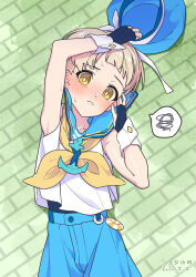 Rule 34 | arm up, blonde hair, blue gloves, blue headwear, blue shorts, blush, brick floor, closed mouth, fingerless gloves, gloves, green background, hand on own cheek, hand on own face, hat, highres, looking at viewer, lying, mubo, on ground, original, ribbon, sailor hat, shirt, shorts, sleeveless, speech bubble, unworn hat, unworn headwear, white shirt, wrist cuffs, yellow eyes, yellow ribbon