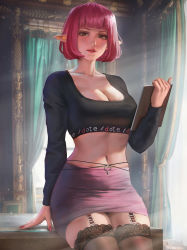 Rule 34 | 1girl, absurdres, warrior of light (ff14), blunt bangs, breasts, brown eyes, cleavage, commentary, commission, crop top, curtains, elezen, elf, emknov, english commentary, final fantasy, final fantasy xiv, highres, large breasts, light particles, long sleeves, looking at viewer, nail polish, navel, parted lips, pencil skirt, pink hair, pink skirt, pointy ears, red lips, red nails, short hair, sitting, sitting on table, skirt, solo, sunlight, thigh strap, thighhighs