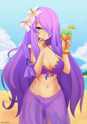 Rule 34 | 1girl, artist name, beach, bikini, blue sky, breasts, camilla (fire emblem), camilla (summer) (fire emblem), cleavage, cloud, cup, day, drinking glass, fire emblem, fire emblem fates, fire emblem heroes, flower, hair flower, hair ornament, hair over one eye, highres, holding, holding cup, kazukoto, large breasts, long hair, looking at viewer, navel, nintendo, outdoors, parted lips, purple bikini, purple eyes, purple hair, see-through, sky, solo, standing, swimsuit, water