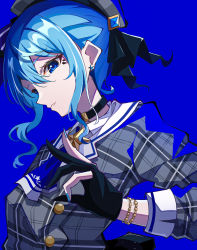 Rule 34 | 1girl, absurdres, ascot, beret, black choker, black gloves, blue ascot, blue background, blue eyes, blue hair, bracelet, buttons, choker, commentary, earrings, from side, gesture request, gloves, grey hat, grey jacket, hat, highres, hololive, hoshimachi suisei, hoshimachi suisei (1st costume), jacket, jewelry, light smile, parted lips, partially fingerless gloves, pension z, plaid, plaid jacket, profile, sailor collar, short hair, simple background, solo, star-shaped pupils, star (symbol), star earrings, symbol-shaped pupils, upper body, virtual youtuber, white sailor collar