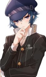 Rule 34 | 1girl, blue hair, blush, cabbie hat, female focus, grey eyes, hand on own chin, hat, highres, persona, persona 4, school uniform, shirogane naoto, short hair, simple background, solo, thinking, upper body, white background, yasogami school uniform